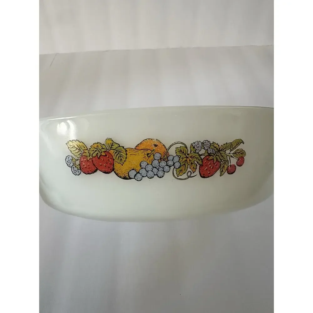 Vintage Fire-King Fruit Harvest #433 1.5 Qt Milk Glass Casserole Dish USA